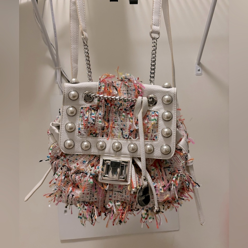 Alex Max Gipsy Fabric Fringe adjustable straps backpack, white multi